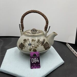 Vintage Otagiri Stoneware Tea Pot Rattan‎ Handle Happu Folkware Japan 5 in